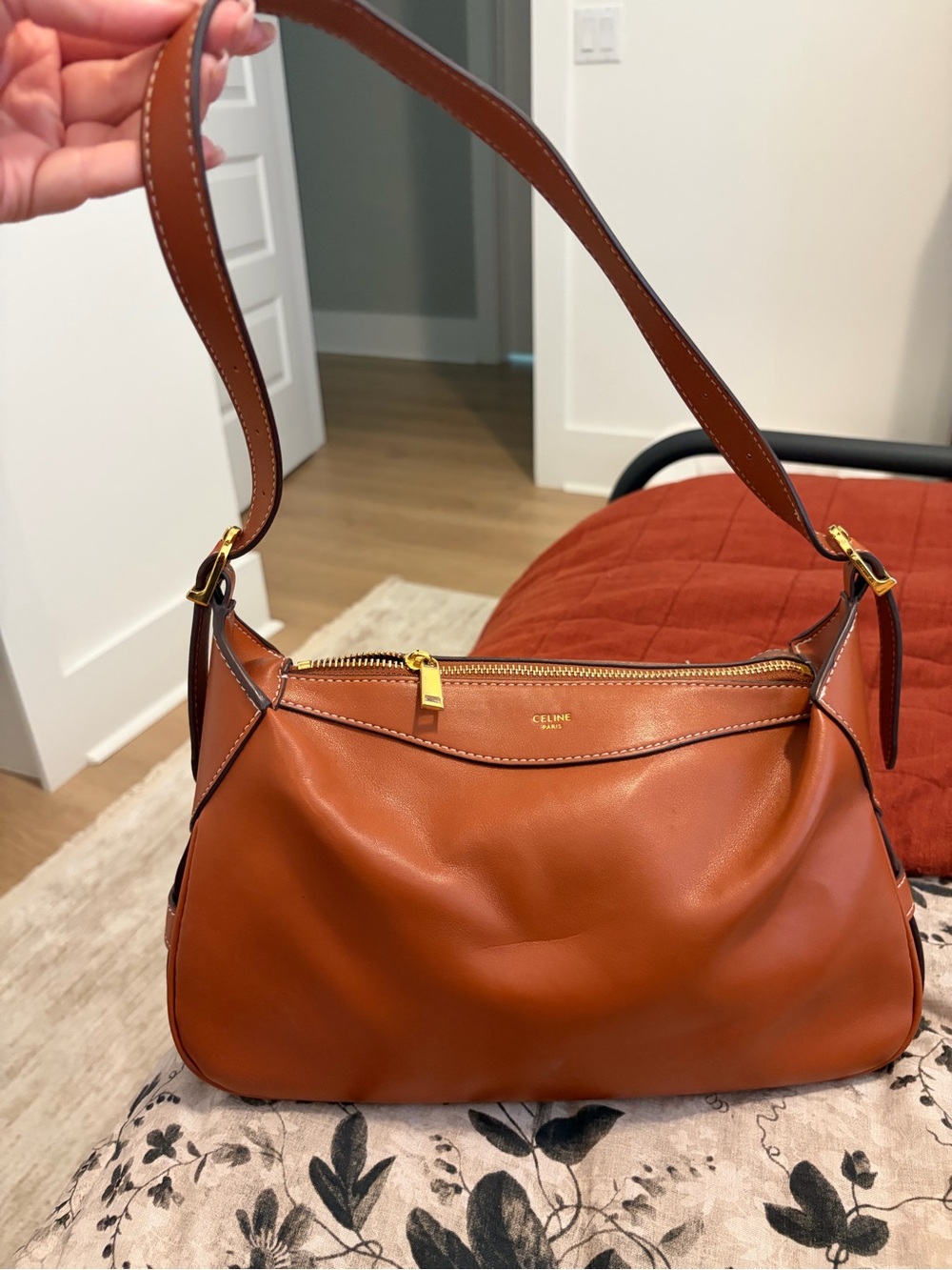 INSPIRED Cognac Leather Shoulder Bag with Gold Hardware